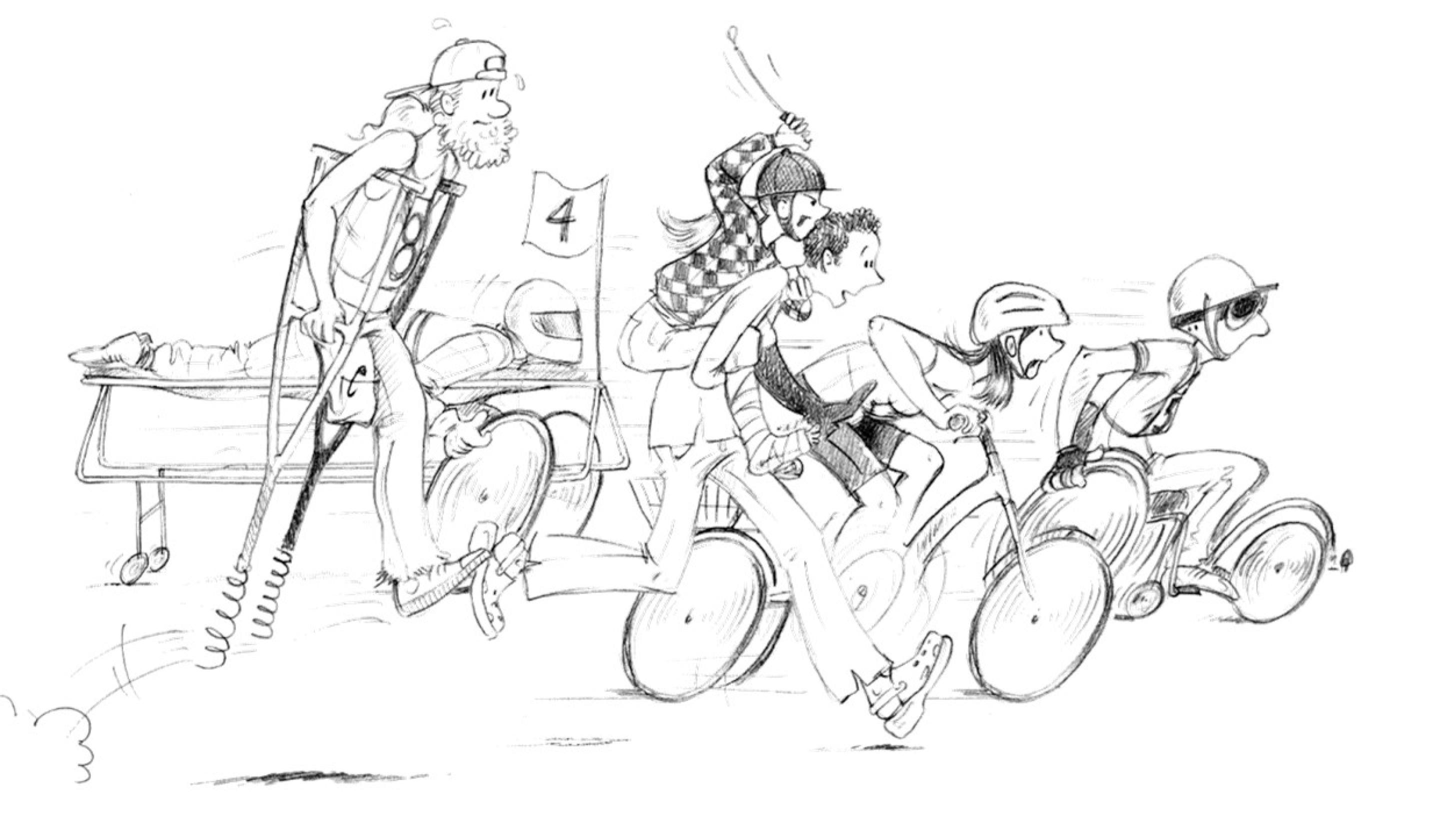 Dessin à main levée en noir et blanc de personnes handicapées en réadaptation en train de faire la course avec des fauteuils roulants