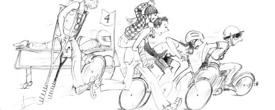 Dessin à main levée en noir et blanc de personnes handicapées en réadaptation en train de faire la course avec des fauteuils roulants